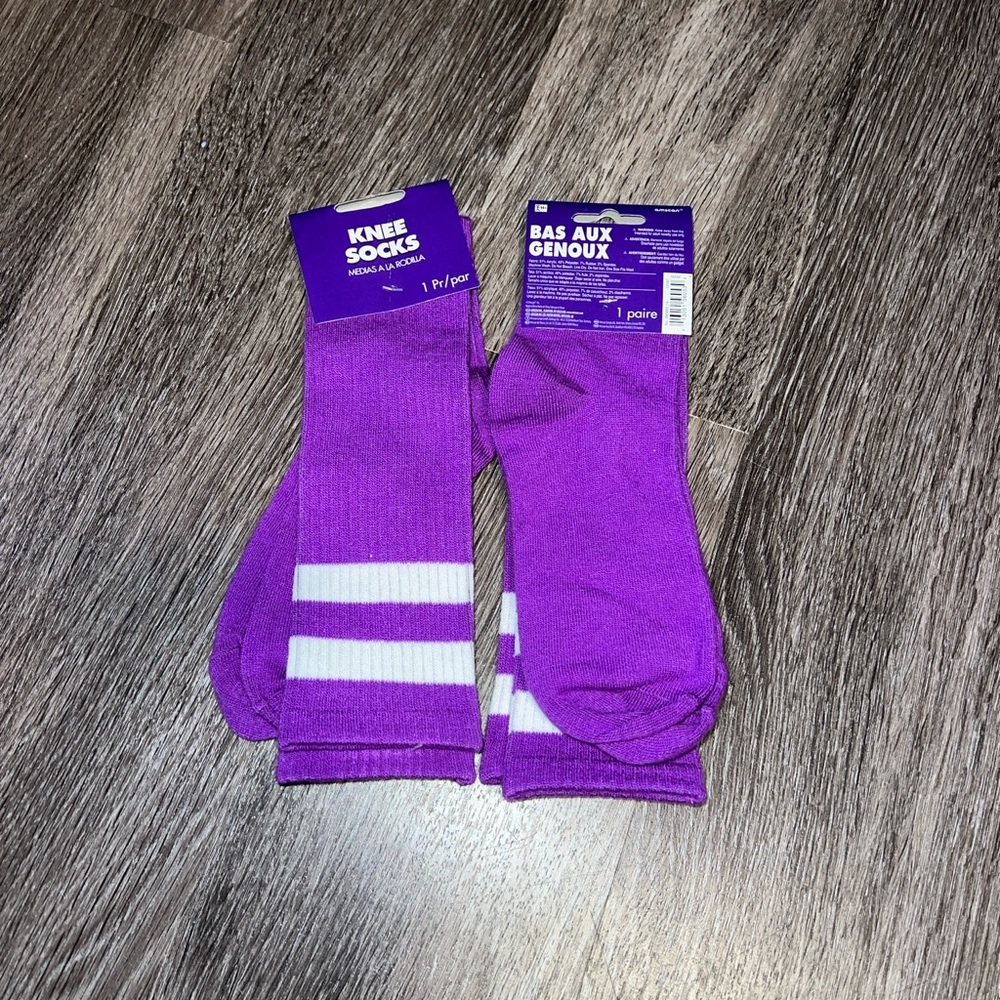 NWT Purple Knee Socks with White Stripes from Party City